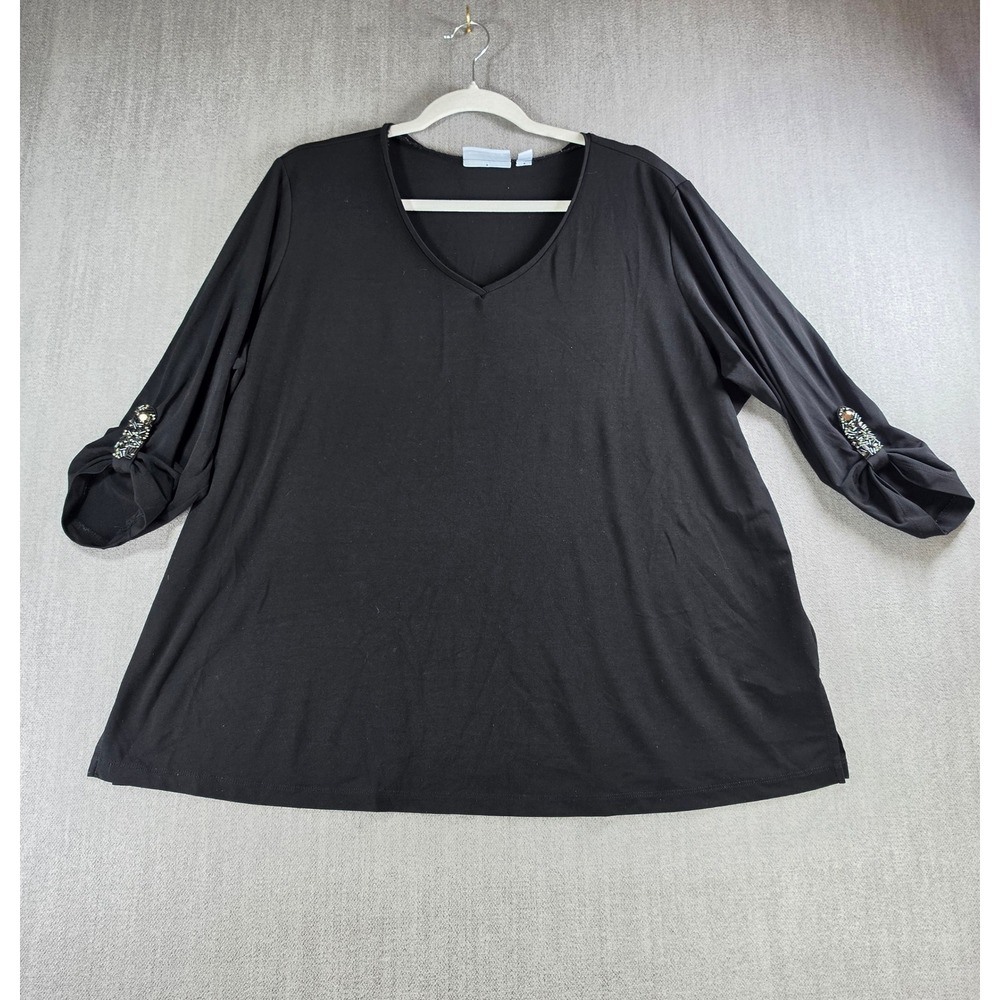 Susan Graver Tunic Women 1X Black Liquid Knit Beaded Sleeve V-Neck Top